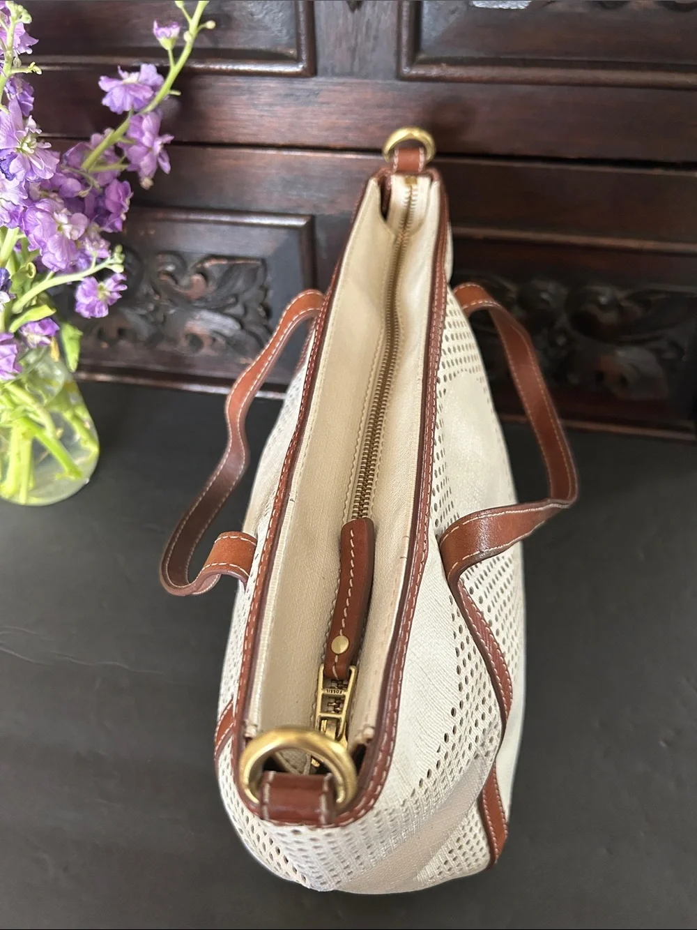 Fossil Cream and Brown Perforated Dot Tote